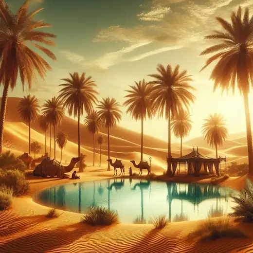 Oasis dans le désert au coucher du soleil